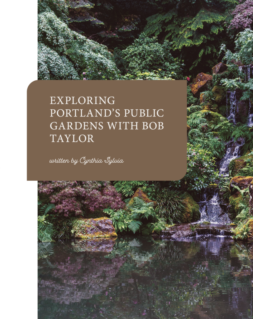 Front page of a brochure for Gardening. White text in a brown boc overtop a pond with waterfalls and greenery 